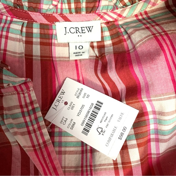 NWT J. Crew Plaid Mini Dress with Ruffle Trim in Sweet Briar Marine Salt Pink - Picture 8 of 8